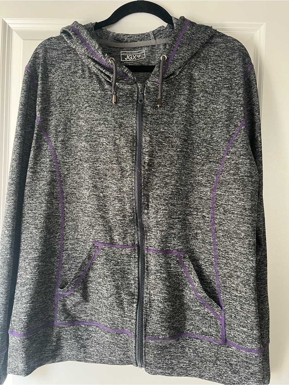 JGX Performance Heather Gray Zip-Up Hoodie with Purple Accent